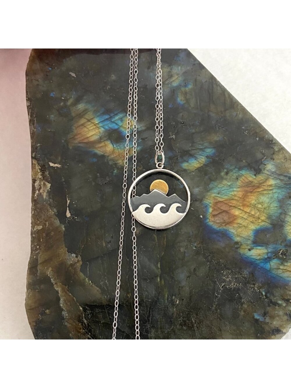 Sterling Silver 925 Round Mountains Ocean Moon Pendant Necklace 16.5" Chain
